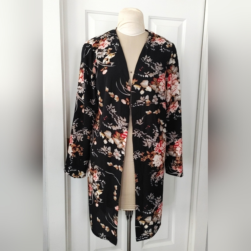 Women's Cleo Black Floral Kimono Style Open Jacket